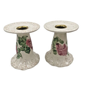 Set of 2 White and Pink Green Floral Candle Holders Ceramic 4.5" Tall